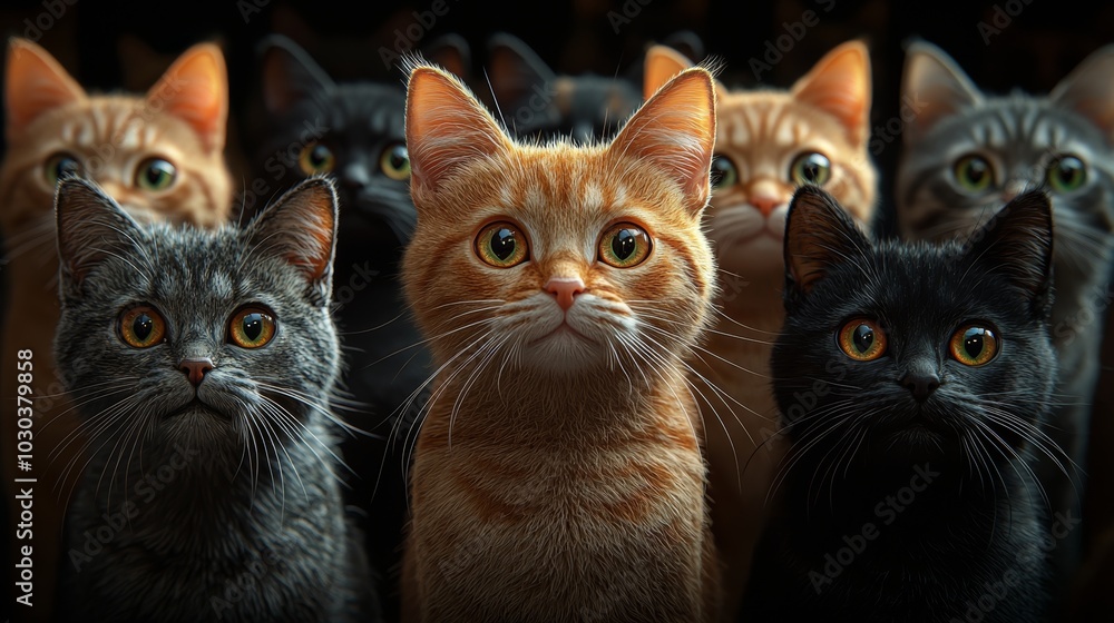 Charming group of colorful kittens pose playfully together against a dark backdrop, showcasing their innocence and beauty as they gaze at the camera Charming group of colorful kittens pose playfully together against a dark backdrop, showcasing their innocence and beauty as they gaze at the camera