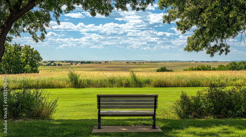 Peaceful Park Bench Overlooking Scenic Landscape Peaceful Park Bench Overlooking Scenic Landscape