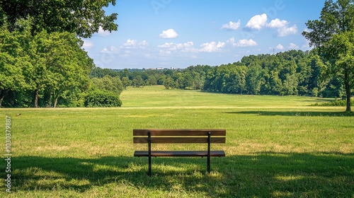 Tranquil Park Bench Overlooking Vast Green Fields