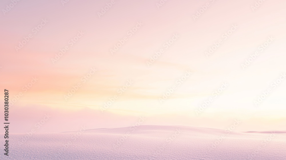 Soft pink and orange hues gently bathe a minimalist winter scene with snow-covered hills under a pastel-colored sky, creating a serene and tranquil atmosphere