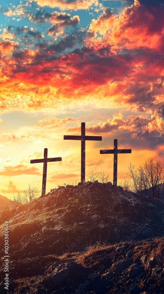 Dramatic sky at sunset with three crosses on a hill symbolizing hope and faith in christianity, evoking feelings of love and redemption Dramatic sky at sunset with three crosses on a hill symbolizing hope and faith in christianity, evoking feelings of love and redemption