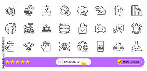 Coronavirus vaccine, New mail and Food delivery line icons for web app. Pack of Sunglasses, 5g internet, Smartphone statistics pictogram icons. Yummy smile, Verification document. Search bar. Vector photo