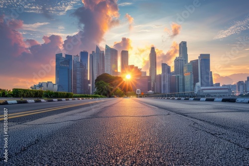 Panoramic city skyline and buildings with empty asphalt road at sunset.