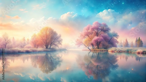 Pastel Lakeside Dream: Dreamy, soft, pastel colors, ethereal lake, whimsical mood