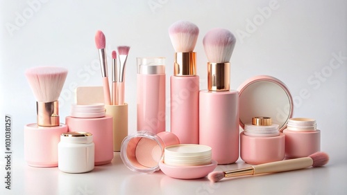 Pastel pink cosmetic containers, brushes, and makeup tools arranged artfully on a soft, white background, evoking a sense of femininity and gentle skincare routines. photo