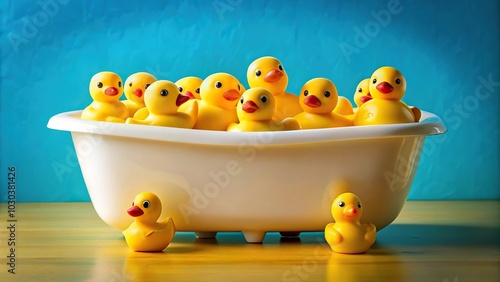 Wide-angle rubber duckies floating in bathtub