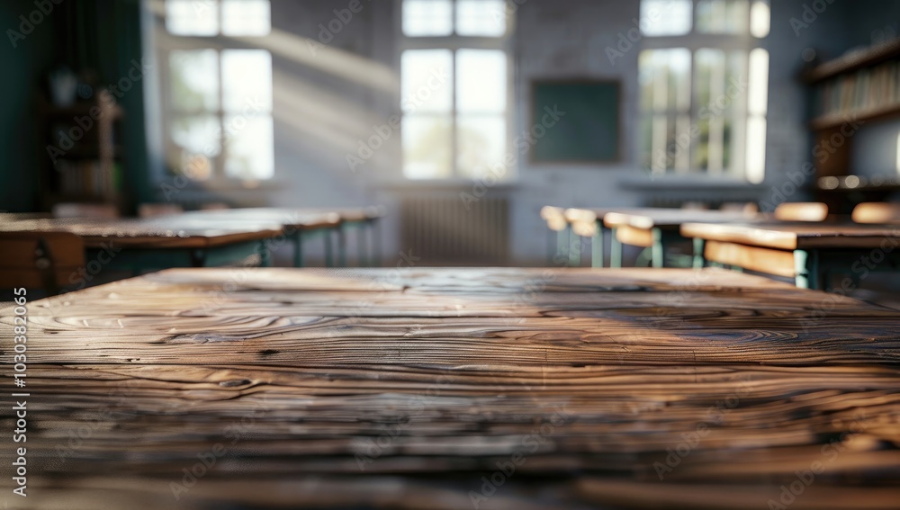 Empty wooden table top with a blur background of a modern school classroom interior, product display template for a design key visual, advertising banner, flat lay, 3D rendering Empty wooden table top with a blur background of a modern school classroom interior, product display template for a design key visual, advertising banner, flat lay, 3D rendering