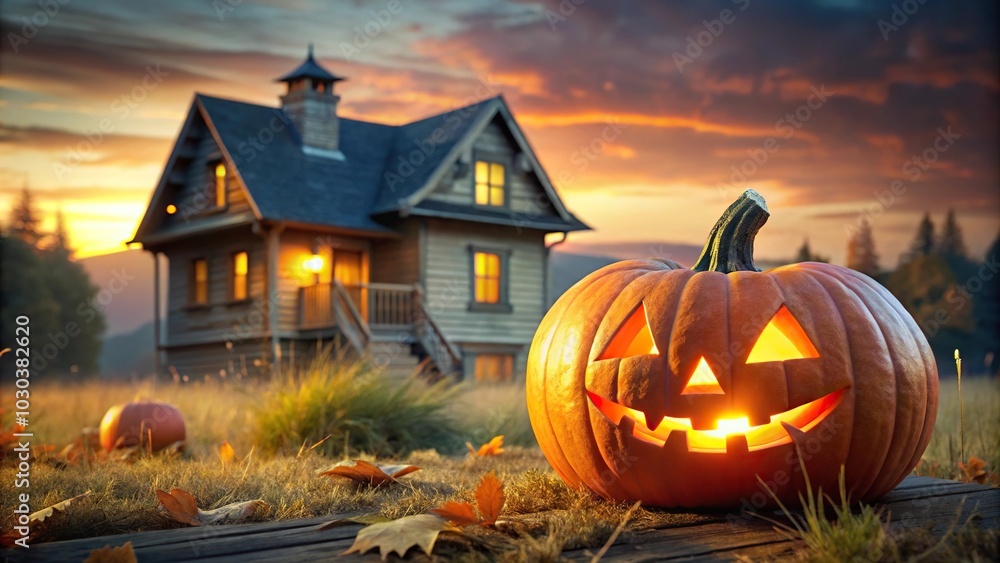 Low angle Halloween background with pumpkin and house Low angle Halloween background with pumpkin and house