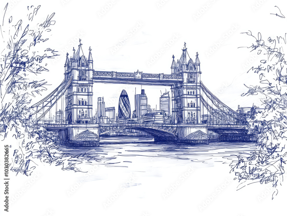 Obraz premium Hand-drawn sketch of London along the Thames River