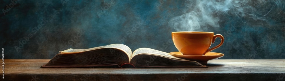 A cup of coffee steaming next to an open book, representing the comfort of small, mindful moments A cup of coffee steaming next to an open book, representing the comfort of small, mindful moments