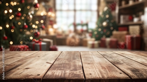 empty wooden table with Santa's workshop on background photo