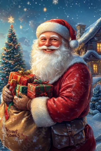 Smiling Santa Claus with gifts in snowy Christmas scene 