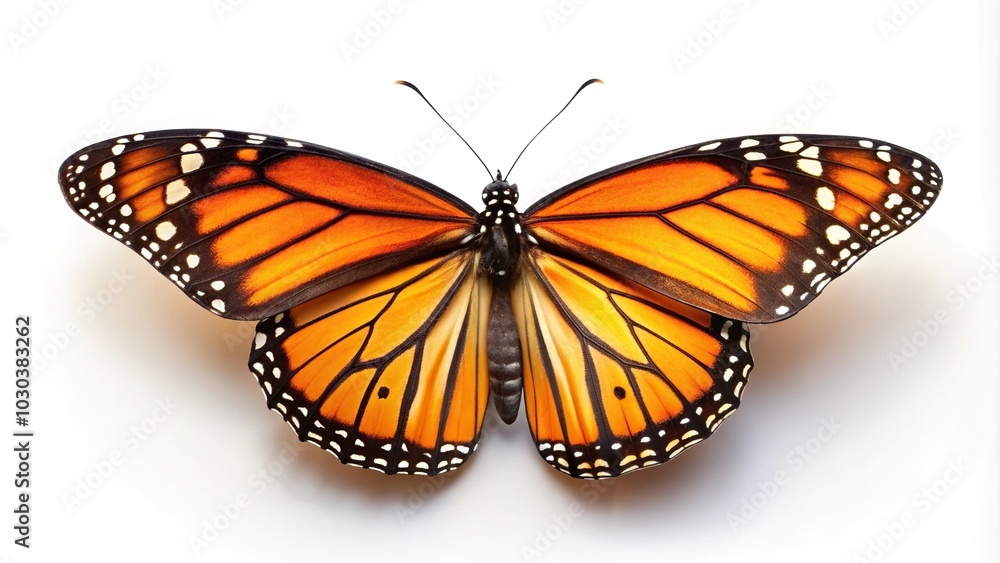 Wide-angle shot of an orange monarch butterfly isolated on white background Wide-angle shot of an orange monarch butterfly isolated on white background