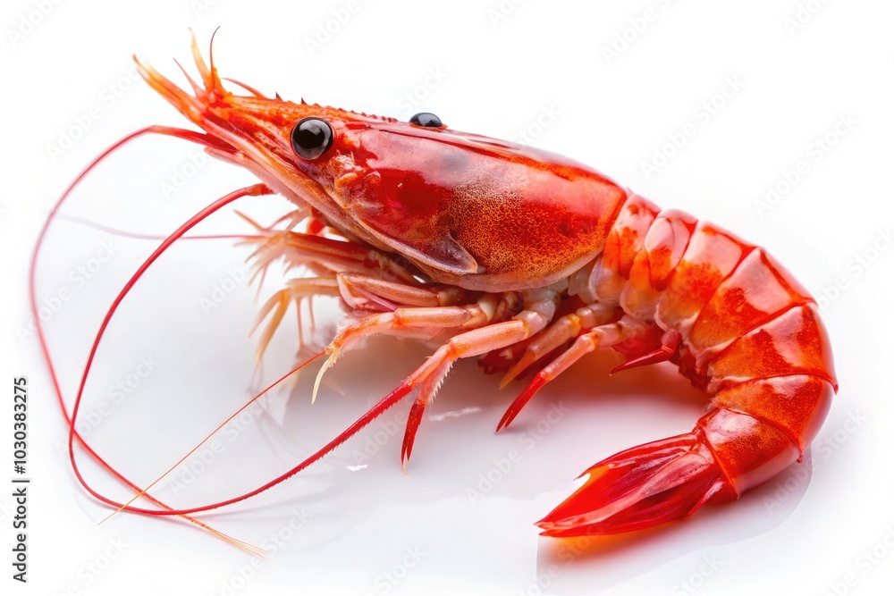Engaging image of fresh raw red coral shrimp against a white background, highlighted through low light photography, emphasizing rich textures and striking natural hues. Engaging image of fresh raw red coral shrimp against a white background, highlighted through low light photography, emphasizing rich textures and striking natural hues.