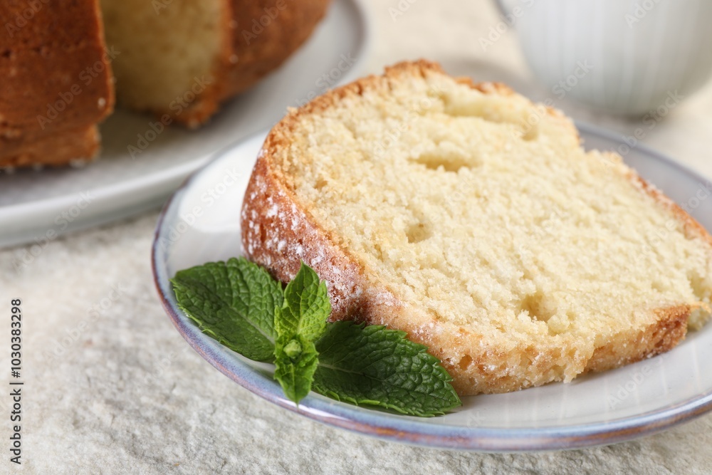 Piece of freshly baked sponge cake and mint on white textured table, closeup Piece of freshly baked sponge cake and mint on white textured table, closeup