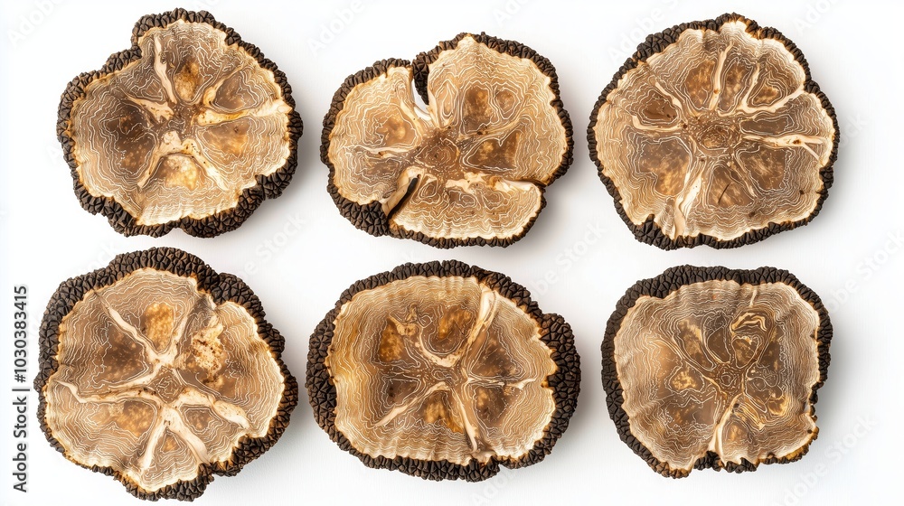 Top View of Truffle Mushroom Slices with Intricate Beige and Brown Marbling on White Background Top View of Truffle Mushroom Slices with Intricate Beige and Brown Marbling on White Background