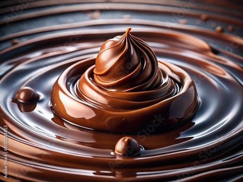 Rich, velvety chocolate flows smoothly, slowly melting into a decadent pool, releasing its deep, dark aroma and inviting all to indulge in its sweet, creamy goodness. photo