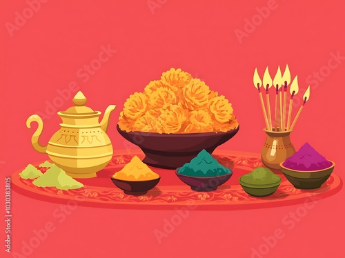 Traditional, decorated pooja thali hindu religious items for worship photo