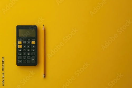 Calculator and Pencil on Yellow Background