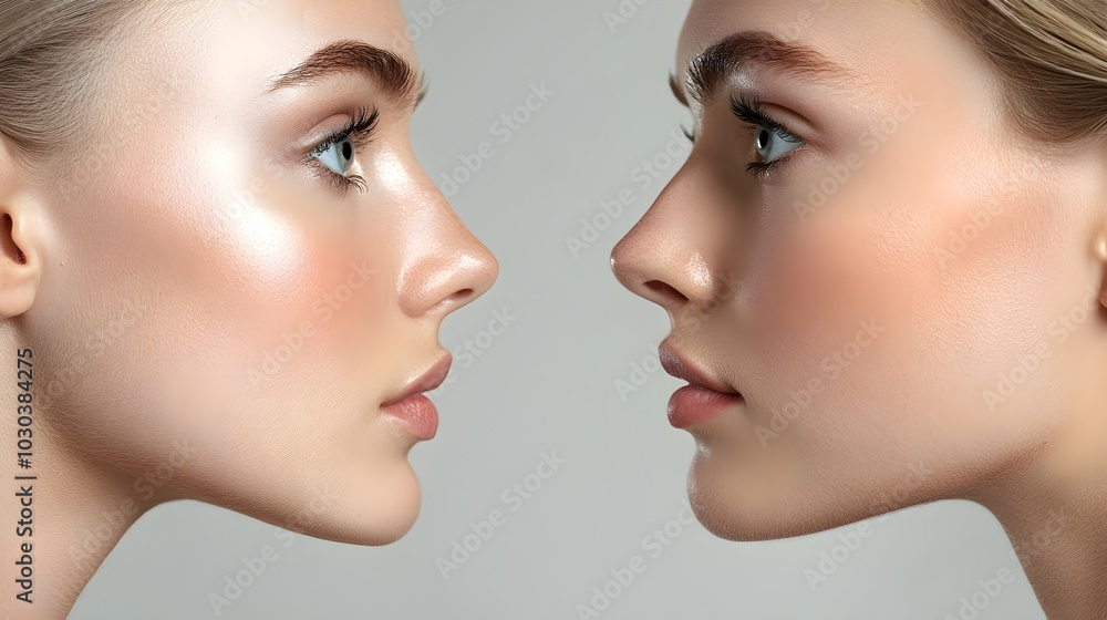 Frontal and profile view photography of a rhinoplasty patient, showcasing the improved nose structure and overall facial balance, Photorealistic, Natural Tones, Detailed Frontal and profile view photography of a rhinoplasty patient, showcasing the improved nose structure and overall facial balance, Photorealistic, Natural Tones, Detailed