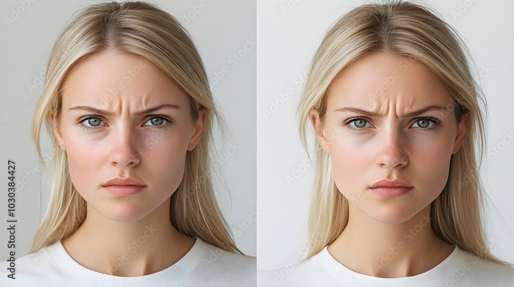 Capture a woman's facial expression lines around her mouth before and after Botox treatment, focusing on the wrinkle-free result Capture a woman's facial expression lines around her mouth before and after Botox treatment, focusing on the wrinkle-free result