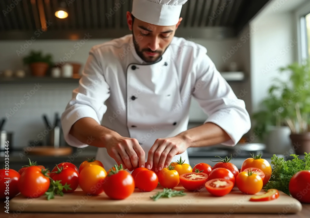 Chef prepares and cooks tomatoes Chef prepares and cooks tomatoes