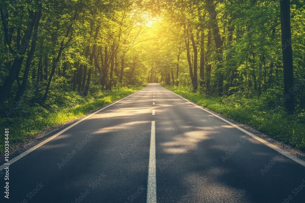 Fototapeta premium Peaceful Forest Road with Soft Sunlight
