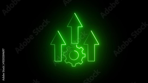 glowing design against . It depicts three upward-pointing arrows arranged above a gear symbol on dfark background. photo