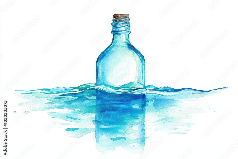 A blue glass bottle partially submerged in clear water, creating a serene and tranquil visual effect. A blue glass bottle partially submerged in clear water, creating a serene and tranquil visual effect.
