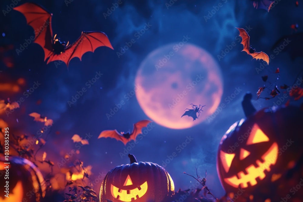 Spooky Halloween Night with Bats and Pumpkins Spooky Halloween Night with Bats and Pumpkins