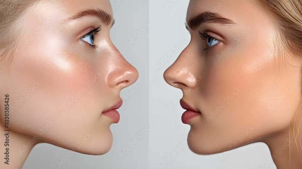 Before-and-after rhinoplasty infographic, demonstrating cosmetic enhancements for nose shape and functional improvements, such as better breathing and corrected deviations Before-and-after rhinoplasty infographic, demonstrating cosmetic enhancements for nose shape and functional improvements, such as better breathing and corrected deviations