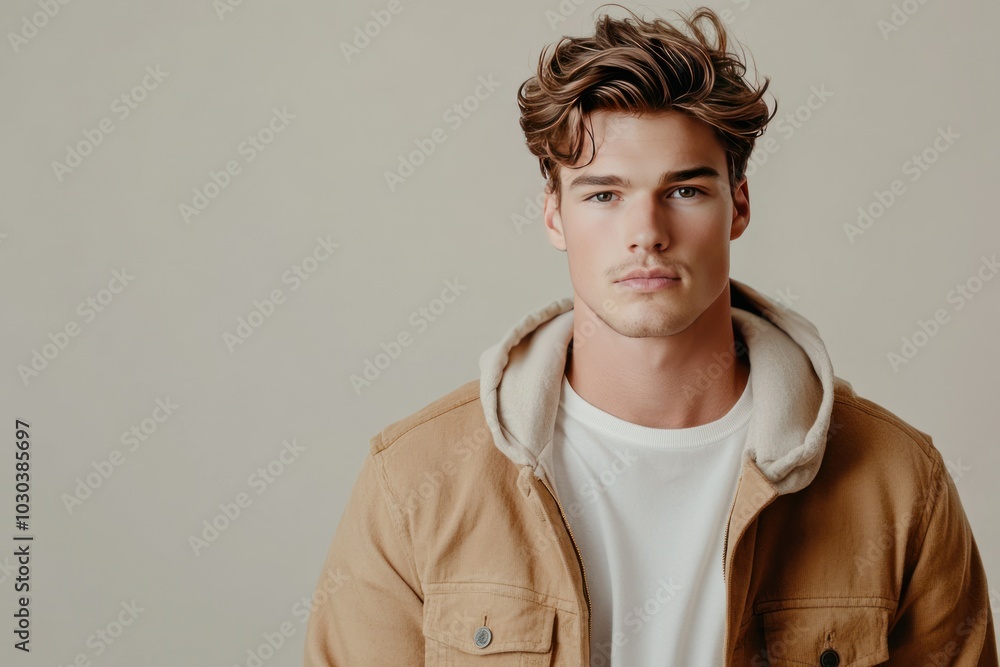 Fototapeta premium Handsome Young Man with Stylish Hair and Casual Attire
