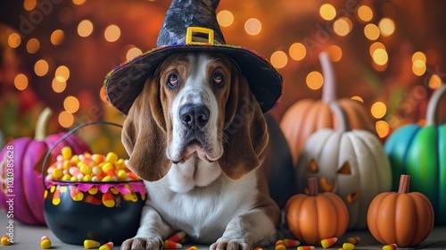 A basset hound wearing a floppy witch hat, sitting beside a Halloween cauldron filled with candy corn and surrounded by colorful pumpkins, creating a cozy Halloween setting with soft lighting. photo