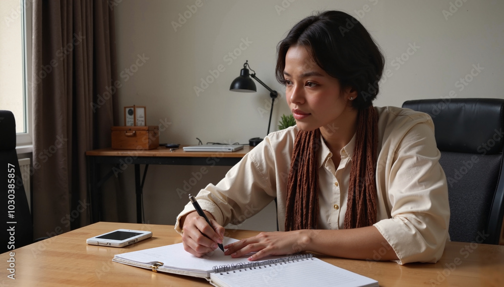 Asian woman writing in notebook at home office desk. Asian woman writing in notebook at home office desk.