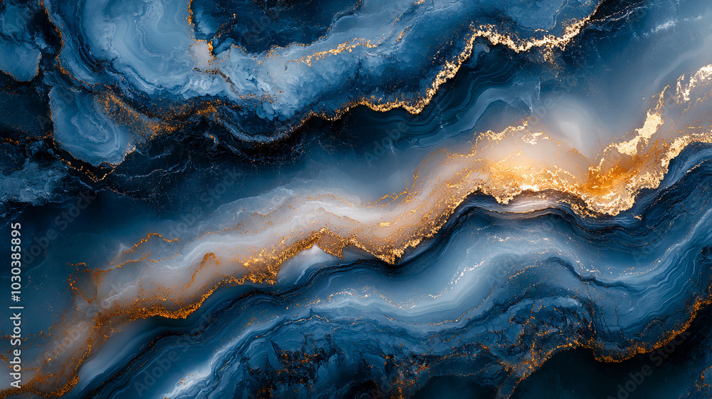 Liquid marble texture in bold shades of blue, gold and white, abstract background. Generative AI Liquid marble texture in bold shades of blue, gold and white, abstract background. Generative AI