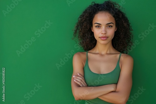 Confident Woman with Curly Hair Against Green Background