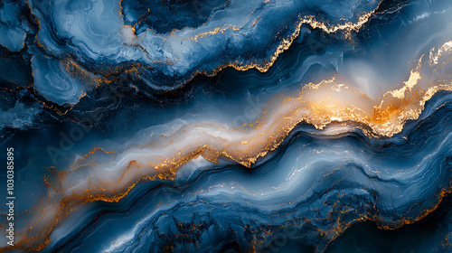 Liquid marble texture in bold shades of blue, gold and white, abstract background. Generative AI