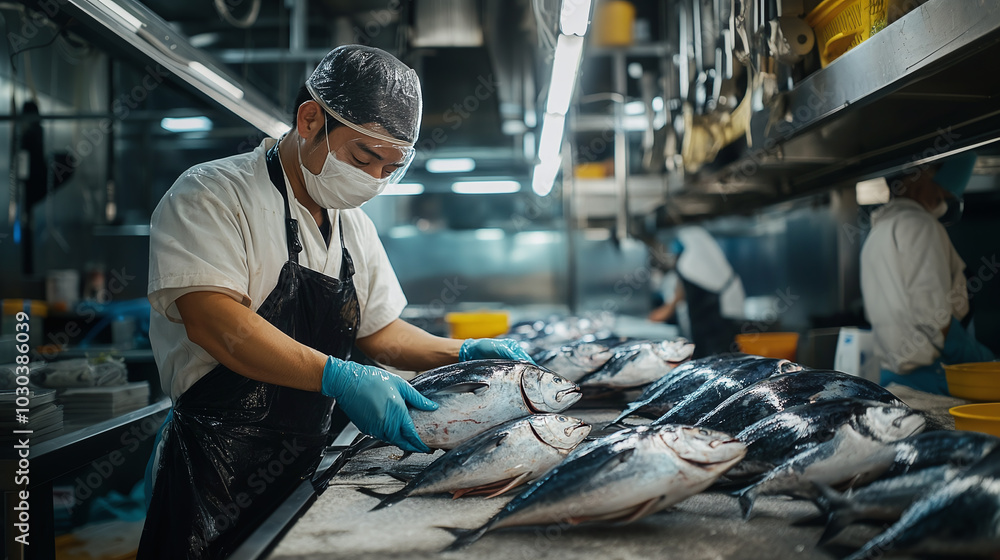 Worker in protective gear preparing fresh tuna in a clean fish processing facility. Worker in protective gear preparing fresh tuna in a clean fish processing facility.