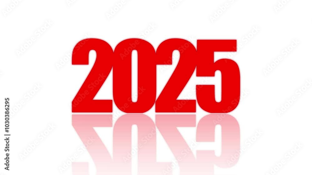 Red text numbers 2025 on a white background with transition and reflection text 2025. Happy New Year 2025! Holiday card. Red text numbers 2025 on a white background with transition and reflection text 2025. Happy New Year 2025! Holiday card.