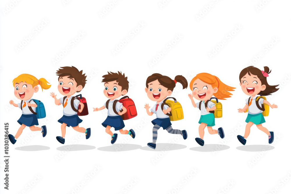 Joyful children running together on a sunny school day with backpacks in tow Joyful children running together on a sunny school day with backpacks in tow