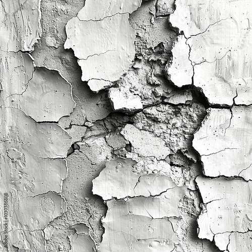 A close-up view of peeling paint revealing cracks in the textured surface of a wall photo