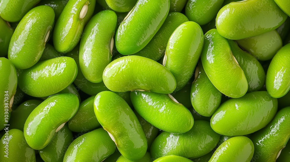 Top View of Fresh Vibrant Green Edamame Beans with Smooth Glossy Texture and Uniform Color Top View of Fresh Vibrant Green Edamame Beans with Smooth Glossy Texture and Uniform Color