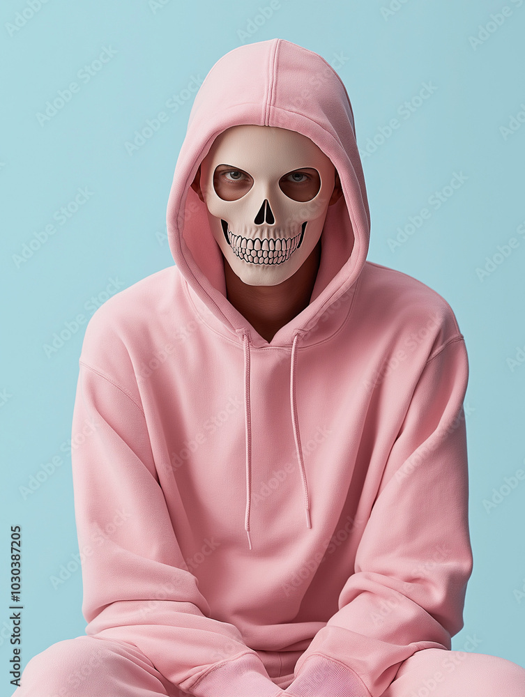 A figure in pink hoodie with a white skull mask. Minimalist and creepy fashion concept. A figure in pink hoodie with a white skull mask. Minimalist and creepy fashion concept.