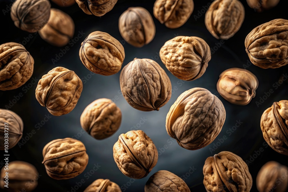 Experience the mesmerizing levitation of walnuts in their shells against a transparent backdrop, offering stunning visuals that celebrate nature's exquisite design and creativity. Experience the mesmerizing levitation of walnuts in their shells against a transparent backdrop, offering stunning visuals that celebrate nature's exquisite design and creativity.