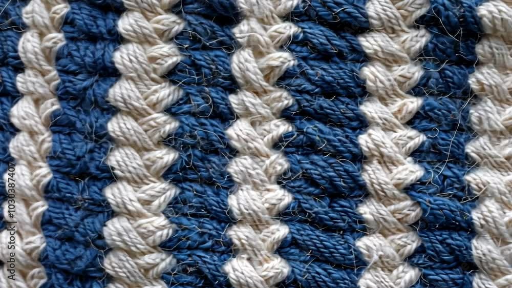 A close-up of a woven rug with blue and white stripes A close-up of a woven rug with blue and white stripes