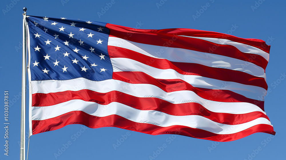 Obraz premium American flag waving against a clear blue sky, symbolizing freedom and patriotism.