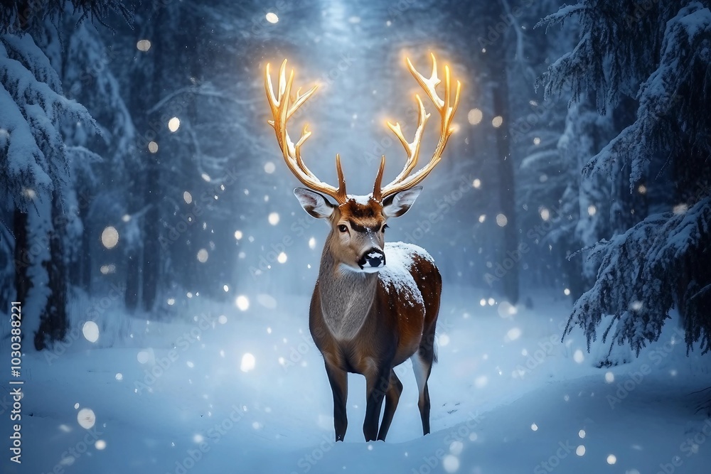 Large deer with golden antlers stands in a snow covered forest Large deer with golden antlers stands in a snow covered forest