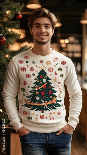 Smiling young man in Christmas tree sweater. Holiday fashion and festive spirit