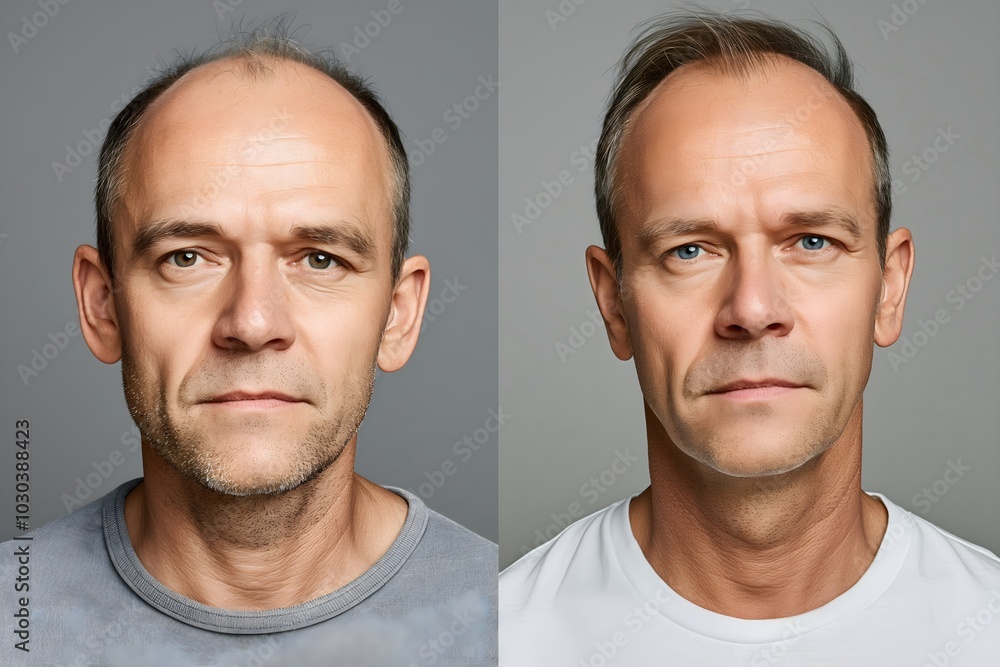 Middle-aged man's facial appearance change. Grooming and styling transformation