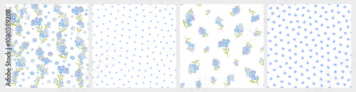 Vector illustration. Set of 4 Seamless patterns in blue tones, forget-me-not flowers, dots, hearts. Flowers, summer, vacation, fabric design, wrapping paper
